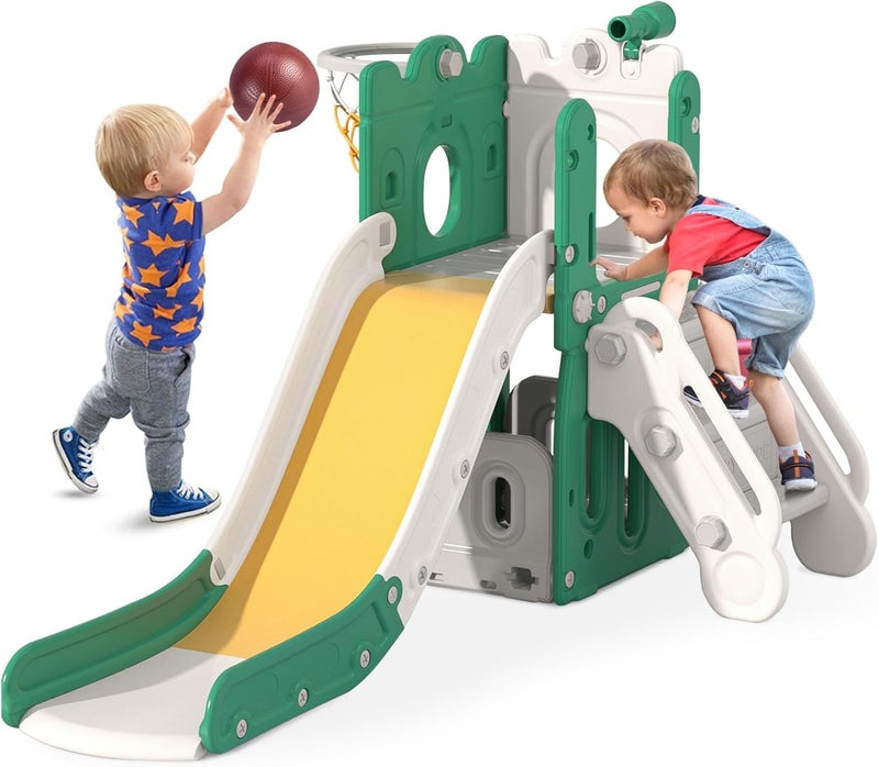 BIERUM 7 in 1 Toddler Slide, L-Shaped Baby Slide for Toddlers Age 1-3 with Basketball Hoop, Ring Toss, Storage Space, Outdoor Indoor Slide Playset Toddler Playground Green Yellow - Image 1